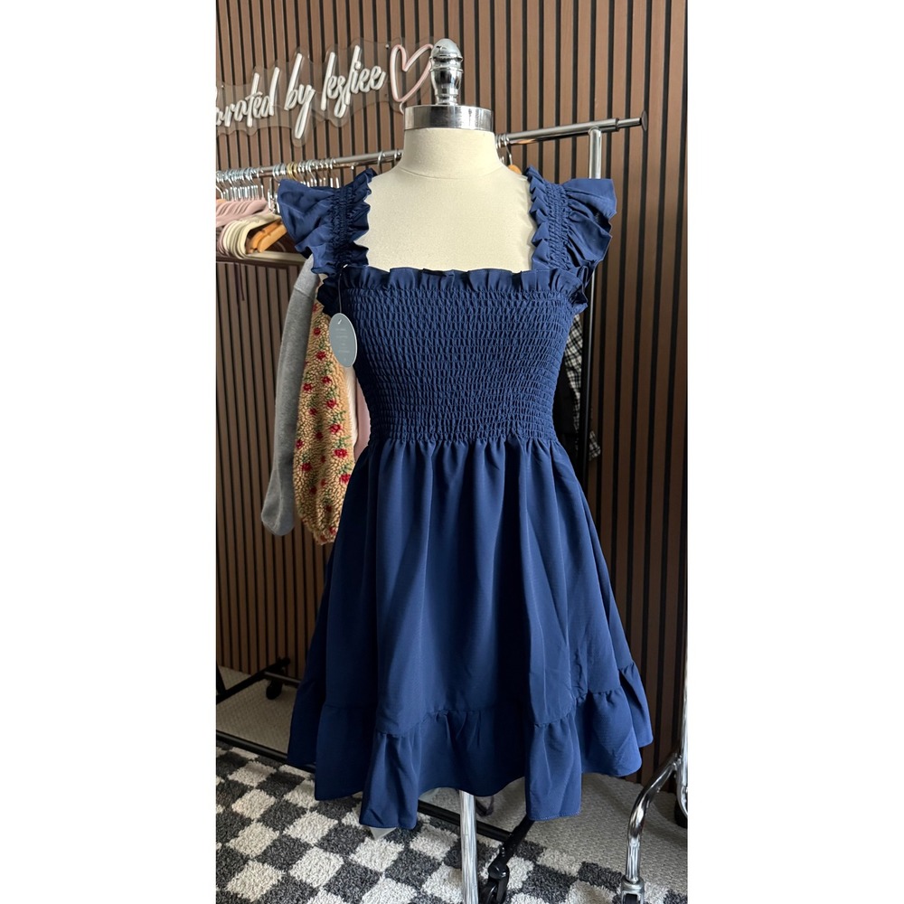 Hill House The Elizabeth Nap Dress Womens M Navy Blue Smocked Ruffle Midi